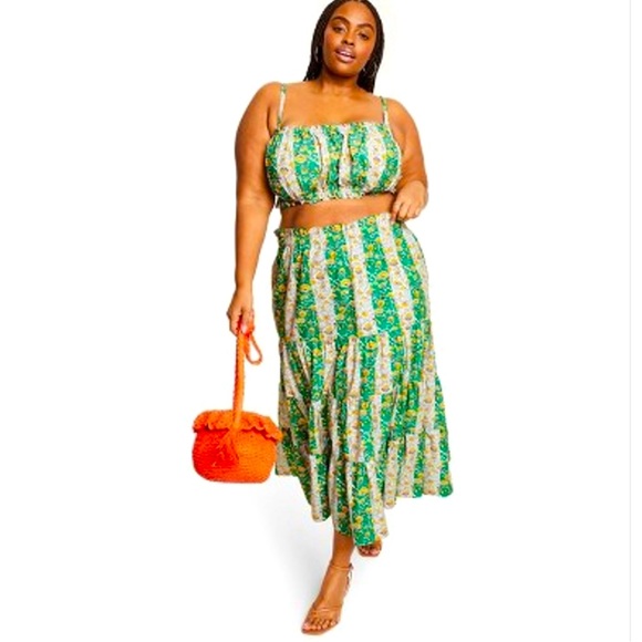 RHODE target Whimsical Green & Yellow Floral & Stripe Print Ruffled Midi Skirt - Picture 5 of 15